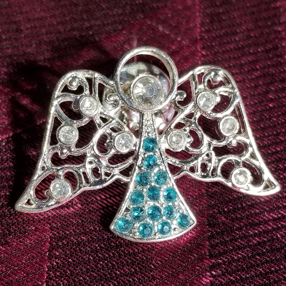 Angel pin aqua blue and clear rhinestones silver tone metal